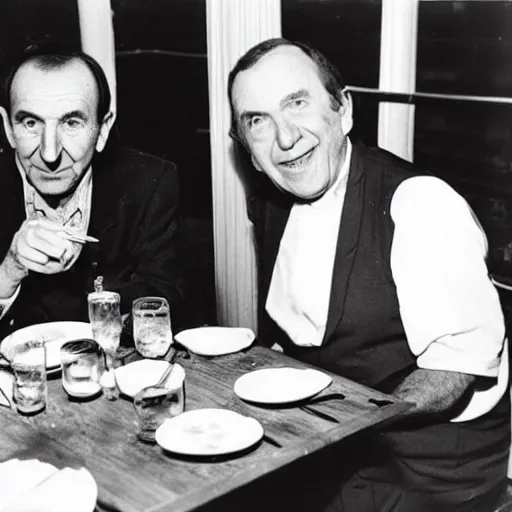 Prompt: leonard rossiter and francis de la tour having dinner together