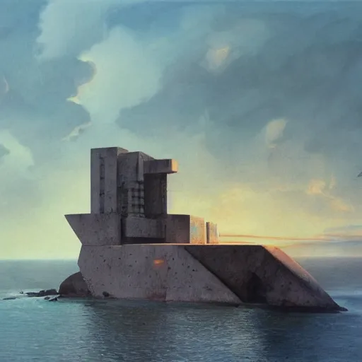 Prompt: painting of of brutalist fascist cyberpunk Japanese castle on the Oregon Coast cliffs at sunset by Zaha Hadid, Beksinski, Moebius, and Rutkowski