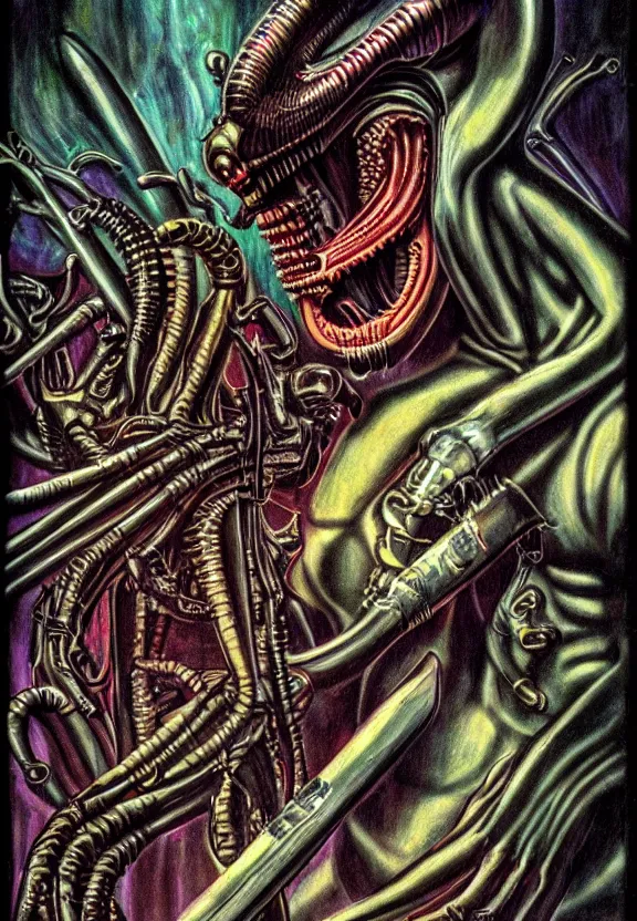 Image similar to subgenius, x - day, weird stuff, occult stuff, knives, colorful giger ’ s xenomorph, illuminati, gem tones, hyperrealism, stage lighting