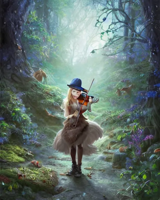 Prompt: Fox playing violin in magical forest, portrait, wearing hat, magical notes, fairy atmosphere, magic the gathering artwork, D&D, fantasy, cinematic lighting, centered, symmetrical, highly detailed, digital painting, artstation, concept art, smooth, sharp focus, illustration, volumetric lighting, epic Composition, 8k, art by Akihiko Yoshida and Greg Rutkowski and Craig Mullins, oil painting, cgsociety