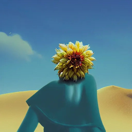 Image similar to closeup, giant dahlia flower as a head, a girl walking between dunes, surreal photography, sunrise, blue sky, dramatic light, impressionist painting, digital painting, artstation, simon stalenhag