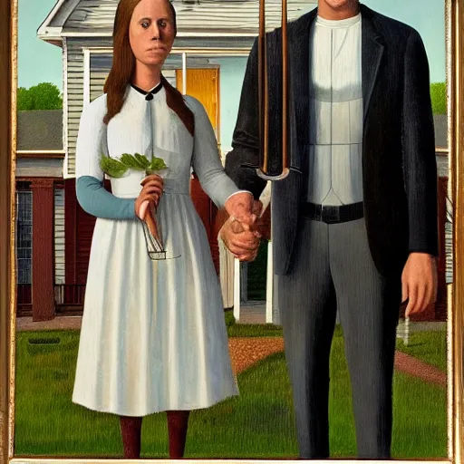 Prompt: margorie taylor greene and matt gaetz, grant wood ’ s american gothic, artistic