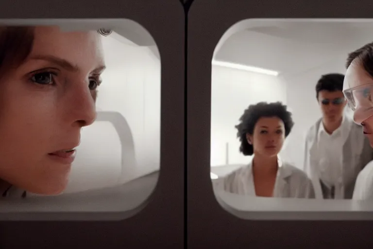 Image similar to movie closeup polar opposites, couple, researchers in a futuristic lab building inter dimensional portal machine, beautiful skin, Symmetrical faces. Beautiful lighting by Emmanuel Lubezki