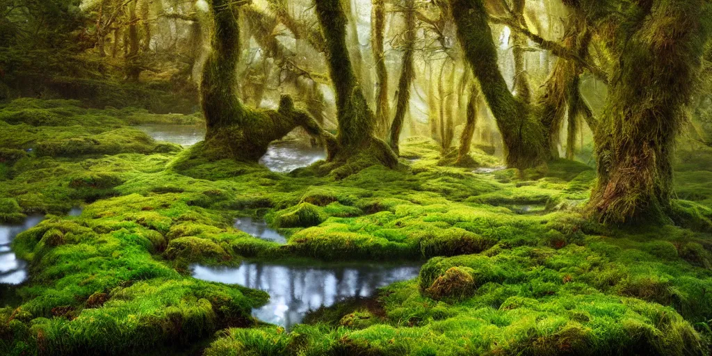 Image similar to gorgeous fields of moss landscape with glistening water, magical forest, brightly colored, magical, fantasy, landscape, beautiful, intricate details, highly detailed, sharp focus, concept art, digital painting, trending on artstation, still, screenshot, photo, photograph