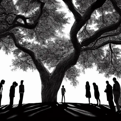 Image similar to a group of people in a park staring up at a gigantic tree, professional monochromatic, digital artwork