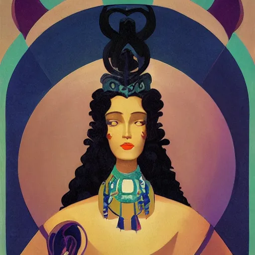 Image similar to an illustration of a fair skin with dark curly stylised hair queen wearing dress, by nicholas roerich, by frank frazetta by georgia o keeffe by frederick william elwell, by otomo, by hans emmenegger, by eyvind earle highly detailed, realistic, outline, line work concept art, jewels, oriental, stylised flat colors, animation