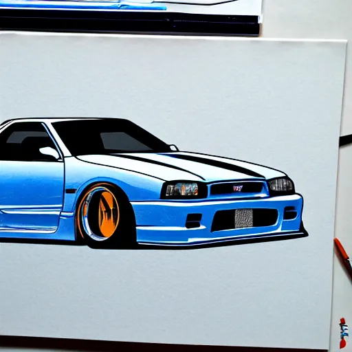 Prompt: artistic illustration of a bayside blue nissan skyline r 3 4 z tune