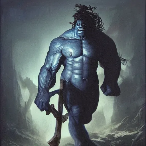 Image similar to artstation concept a midnight blue hulk holding an axe, dusty brown background, grotesque face, hyperdetailed, artstation trending, world renowned artists, worth 1 0 0 0. com, historic artworks society, antique renewel, cgsociety, by greg rutkowski, by gustave dore, deviantart