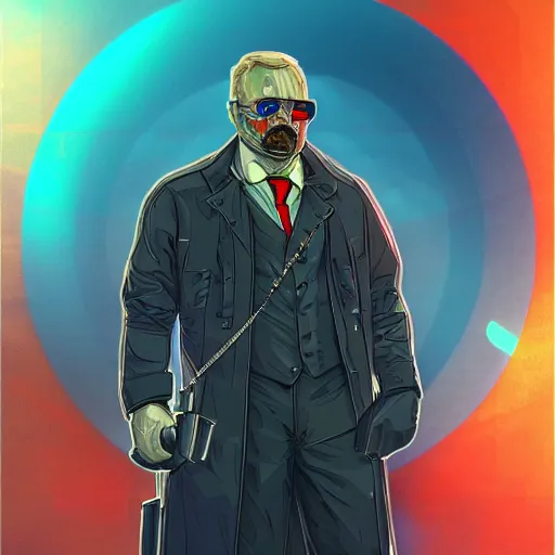 Image similar to cyberpunk theodore roosevelt as the leader of a futuristic communist nation, cybernetics, sharp lines, digital, artstation, colored in