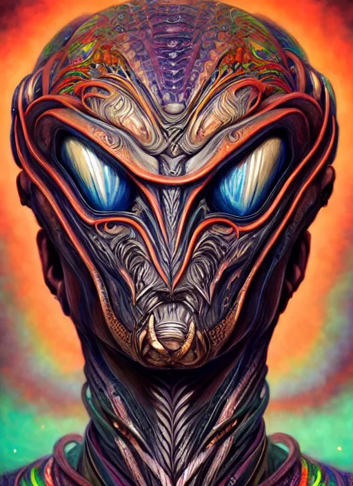 Image similar to hyper detailed ultra sharp alien hybrid tribal gothic warrior trance man portrait, trending on artstation, warpaint tattoo aesthetic, earthwave, colorful, psychedelic, ornate, intricate, digital painting, concept art, smooth, sharp focus, illustration, art by artgerm, edmund leighton, amano, darius zawadzki, h. r. giger, 8 k