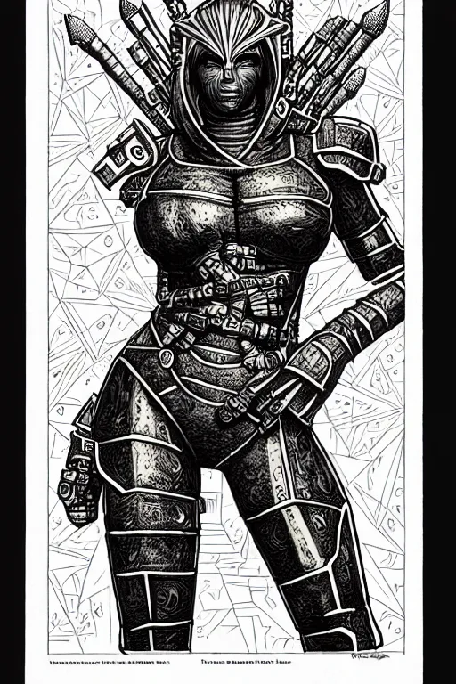 Prompt: warforged beyonce, as a d & d monster, full body, pen - and - ink illustration, etching, by russ nicholson, david a trampier, larry elmore, 1 9 8 1, hq scan, intricate details, inside stylized border