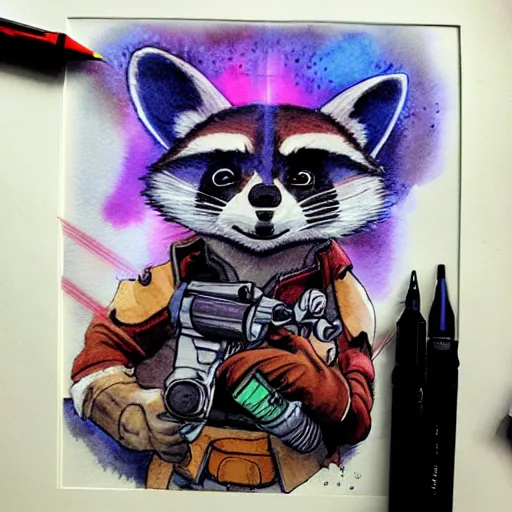 Image similar to racoon holding a laser gun, guardians of the galaxy style, centered award winning watercolor pen drawing, by caroline choi, edited by range murata