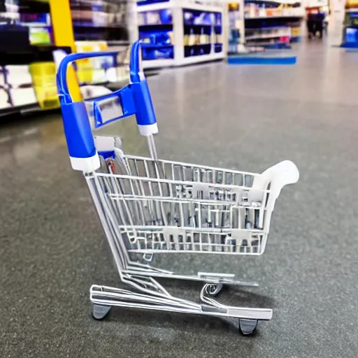 Prompt: shopping cart with cameras and sensors, ikea style, made of plastic and metal, white, hyper realistic