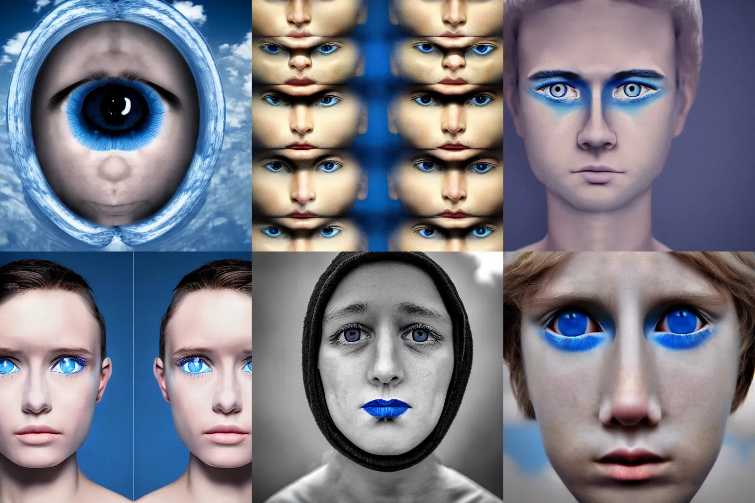 Prompt: human face symmetric blue eyes looking up to the sky