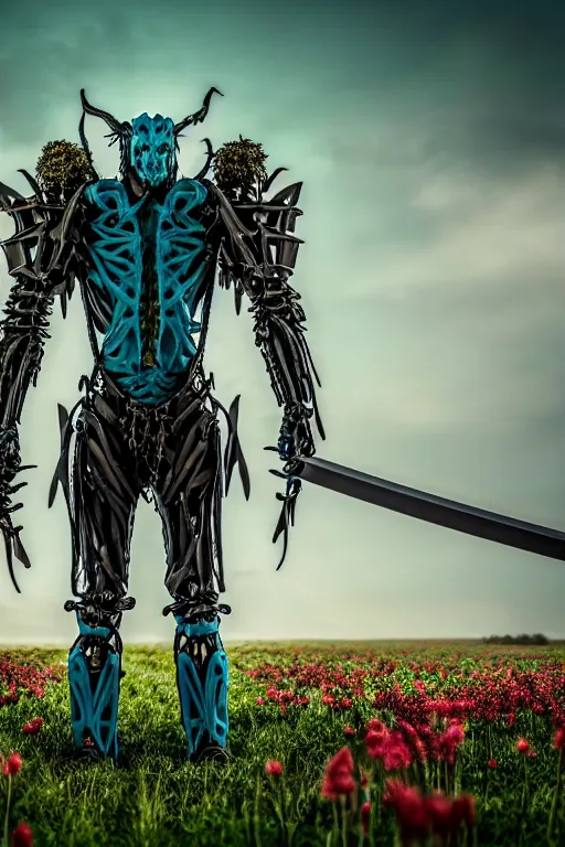 Image similar to neo - gothic giant muscular humanoid chimera, exoskeleton armor, holding katana, standing in a field of flowers, highly detailed smooth concept art masterpiece, vitaly bulgarov giger dramatic dark teal light, ground angle hd 8 k, sharp focus