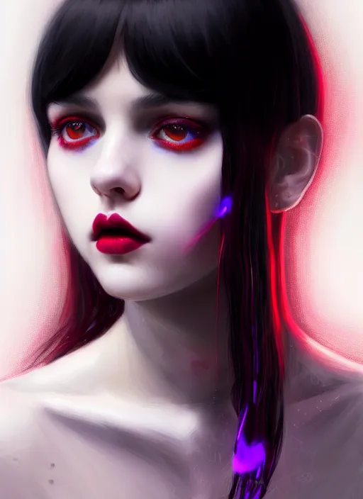 Image similar to portrait of teenage girl, red irises, red eyes, black hair, white bangs, purple lipstick, white bangs, bangs, black hair and white bangs, intricate, elegant, glowing lights, highly detailed, digital painting, artstation, concept art, smooth, sharp focus, illustration, art by wlop, mars ravelo and greg rutkowski