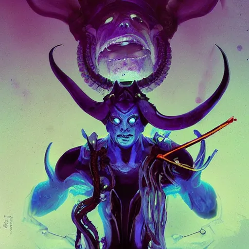 Prompt: blue djinn, horns, 3rd eye, by Maciej Kuciara and Jason Chan, ominous, cosmic horror, trending on artstation