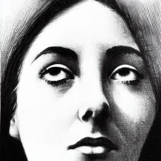 Image similar to extreme close-up, black and white, portrait of a young french woman from 1960s, marie laforet as model, Gustave Dore lithography