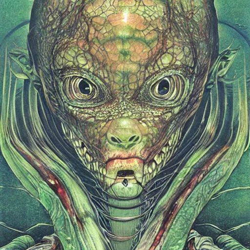 Image similar to simple concept art portrait of, ‘ the carnivore alien ’. an award winning yoshitaka amano digital art poster, by james gurney and gerhard richter. art by takato yamamoto. masterpiece, deep colours.