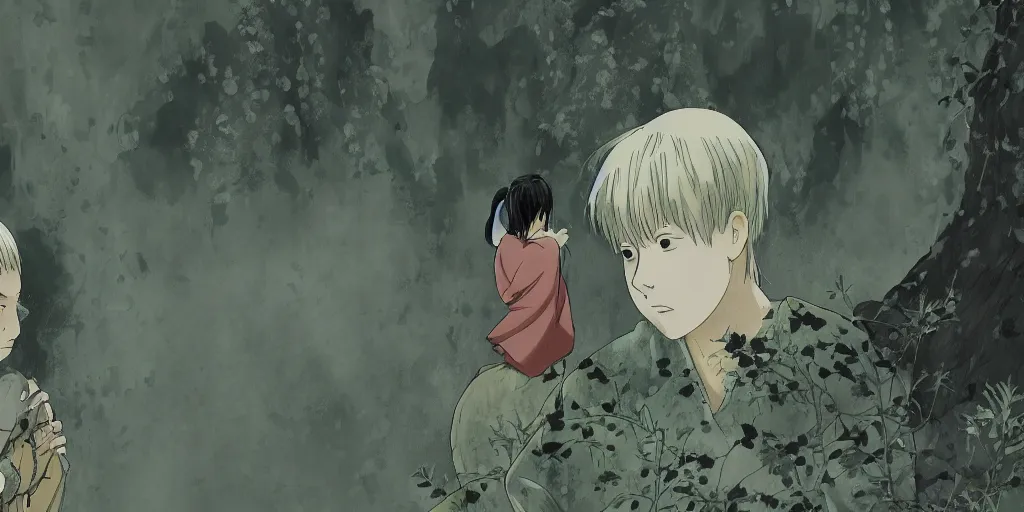 Prompt: ginko showing a new mushi, mushishi by studio ghibli, mutsumi akasaki, wallpaper splash art promo art