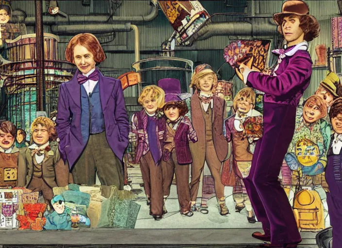 Image similar to film still of Willy Wonka's and the Chocolate Factory 1971 Artwork by Akihiko Yoshida