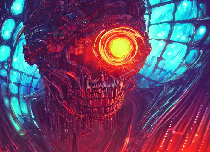 Prompt: a futuristic skull with glowing eyes and a wormhole tunnel cyberpunk art by android jones, cyberpunk art by dan mumford, featured on artstation, darksynth, synthwave