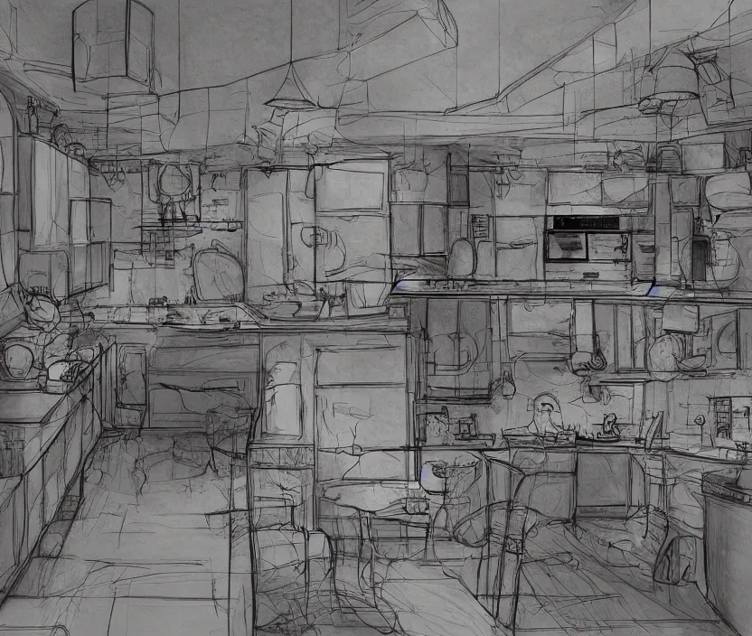 Image similar to An of interior of a kitchen at night, rotoscoped, rotoscope, photoshop, photomanipulation, realism, painting, illustration and sketch, weird scribbles, hybrid styles, hybrid art styles, mismatched, trending on artstation, trending on deviantart, weird, quirky, interesting, very detailed, highly detailed, HD Quality, 4k resolution, 8k resolution, in the style of David Firth, in the style of James Lee, in the style of Drue Langlois,