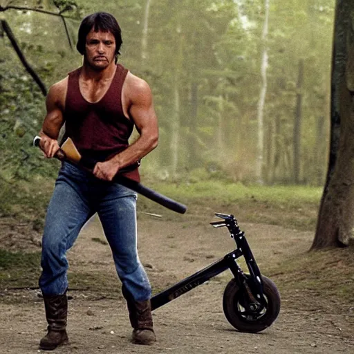 Image similar to rambo from first blood riding a kick scooter