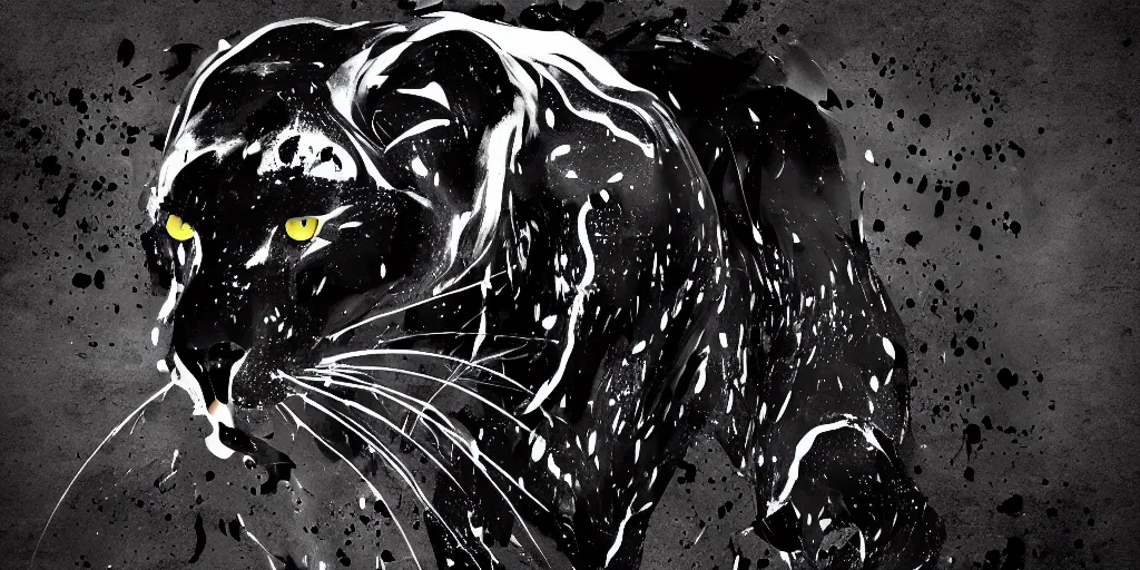 Prompt: the smooth panther, made of smooth black goo, sticky, full of black goo, covered with black goo, splattered black goo, dripping black goo, dripping goo, splattered goo, sticky black goo. concept art, reflections, black goo, animal drawing, digital art, desktop background