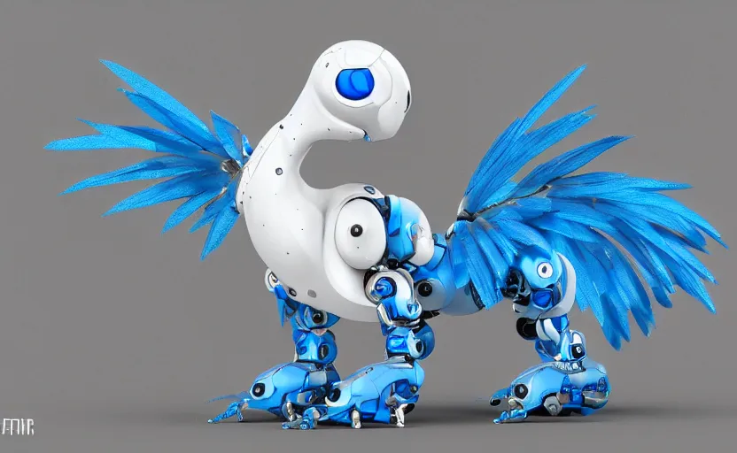 Image similar to cute robotic griffin, white and blue metal, in the style of Pixar, CGI, trending on art station, 8K