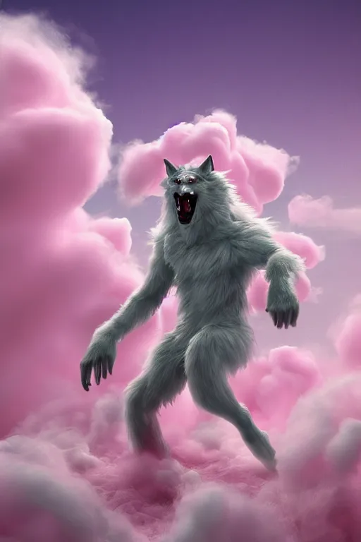 Image similar to werewolf made of cotton candy fleeing across a field of pink cotton and vegatation with storm clouds , digital art, fantasy, trending on artstation, professional illustration, cgsociety, ultra detailed, volumetric lighting, celshaded, colorful, expansive cotton field