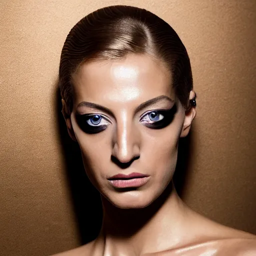 Image similar to a beautiful portrait of young flavia lucini as femme fatale bond villain, highly detailed, in the style of cinematic, getty images, milan fashion week backstage, makeup by pat mcgrath, greg rutkowski