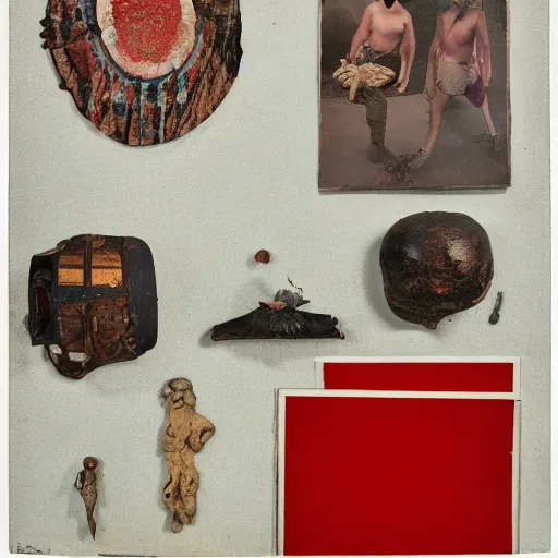 Prompt: A three color offset photography of an hybrid object that combines conceptual ethnographic artifact, anthropology of wonder, and exotic artifacts, exhibition, collection, museum, 60s style