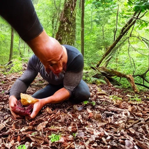 Prompt: the rock eating meat off the forest floor