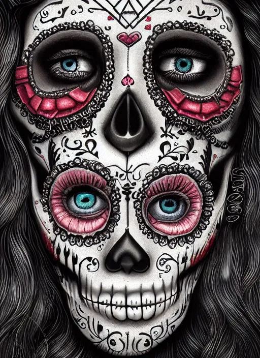 Image similar to portrait of a sugar skull creepy doll, obsidian eyes, intricate, highly detailed, smooth, digital illustration, the dark and quirky art of scott radke