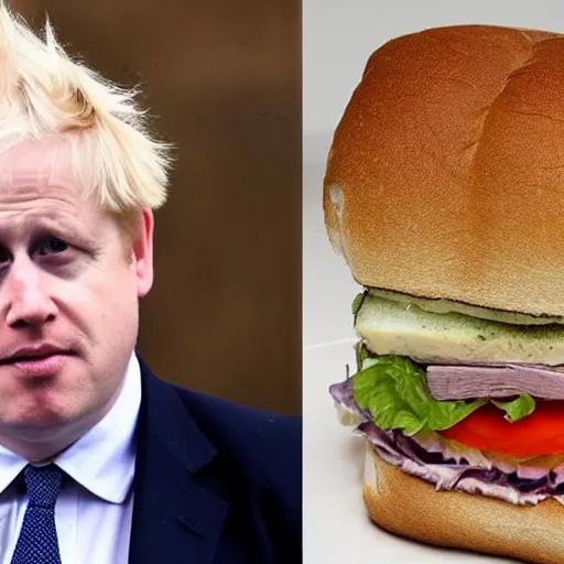 Prompt: photo of a sandwich that looks like boris johnson