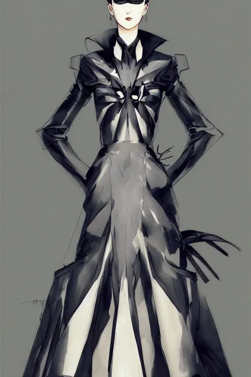 Image similar to dior haute couture dress, concept art, dark colors, high end fashion, style by yoji shinkawa, full body shot