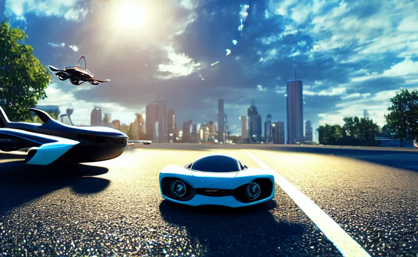 Image similar to photorealistic Flying cars on roads futuristic. daylight. sunlight. lens flare. light fixtures. 8K. detailed. photorealism. artstation. 25mm f/1.7 ASPH Lens. ultra realistic