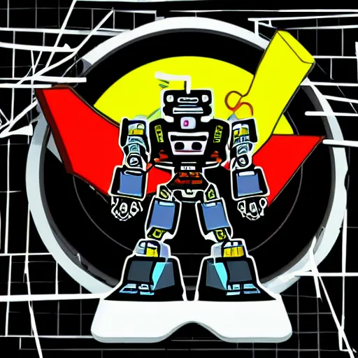 Image similar to svg vector sticker of, Robot-Mecha, rocking out, wearing headphones, huge speakers, dancing, rave, DJ, spinning records, digital art, amazing composition, rule-of-thirds, award-winning, trending on artstation, featured on deviantart