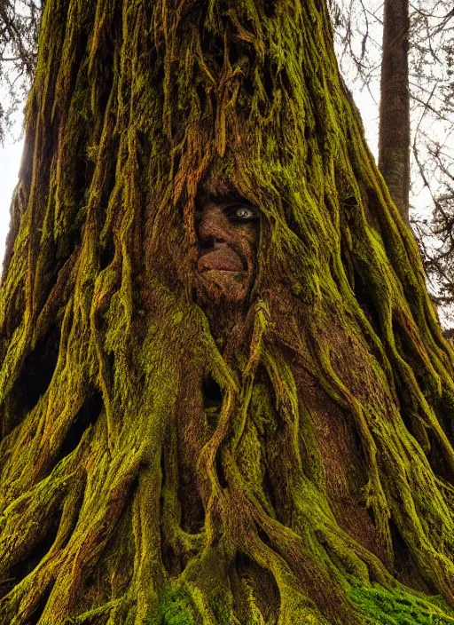 Image similar to photograph of hyperrealistic hyperdetailed ancient tree morphing into a beautiful kind face covered with bark and moss, in a dark mysterious forest at sunset