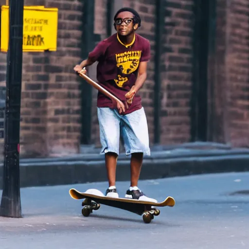 Image similar to high quality photo of a black harry potter on a skateboard in new york city