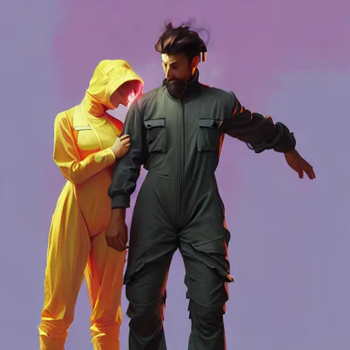 Image similar to character concept portrait of a man in a hazmat suit and voluminous woman in shirt and overalls both dancing, intricate, elegant, digital painting, concept art, smooth, sharp focus, illustration, from metal gear, by ruan jia and mandy jurgens and william - adolphe bouguereau, artgerm