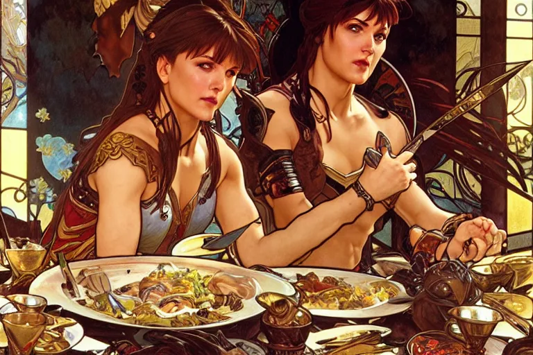 Prompt: xena warrior princess eating at a restaurant art by artgerm and greg rutkowski and alphonse mucha