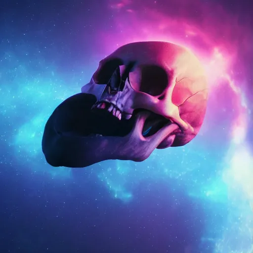 Image similar to dramatic render of a cracking skull flying through a space nebula, cgsociety, artstation, 4k