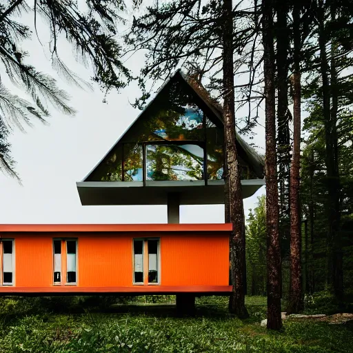 Image similar to wes anderson style modern futuristic house near the lake and forest, cinematic, realism, photo, highly details