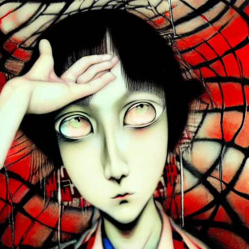 Image similar to yoshitaka amano blurred and dreamy realistic three quarter angle horror portrait of a sinister young woman with short hair, big earrings and red eyes wearing office suit with tie, junji ito abstract patterns in the background, satoshi kon anime, noisy film grain effect, highly detailed, renaissance oil painting, weird portrait angle, blurred lost edges