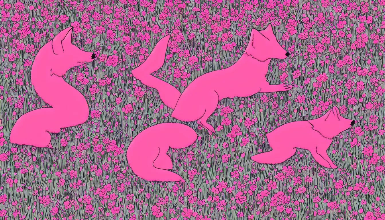 Image similar to pink fox in a field of flowers by Kilian Eng, minimalist, detailed