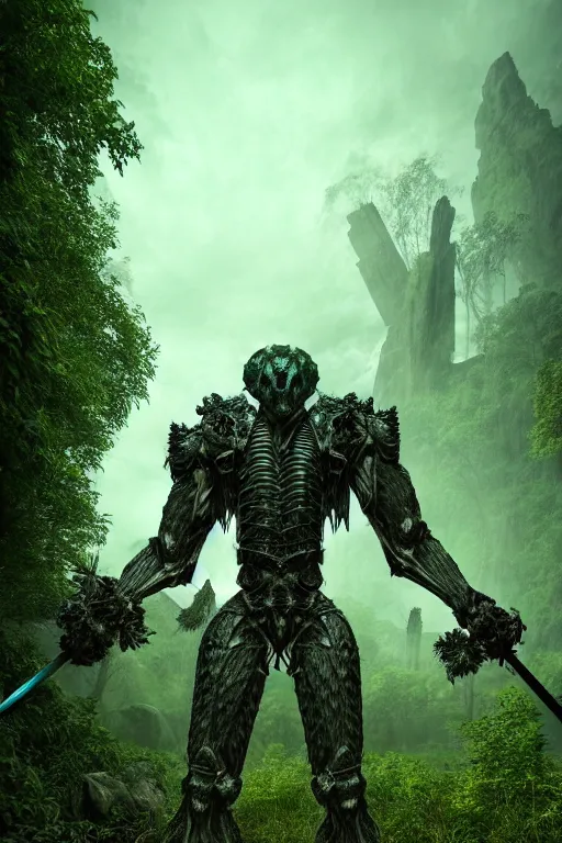 Prompt: post - gothic giant muscular humanoid chimera, exoskeleton armor, holding katana, dystopian ruins covered in vegetation, highly detailed smooth digital art masterpiece, vitaly bulgarov giger dramatic dark teal light, ground angle hd 8 k, sharp focus