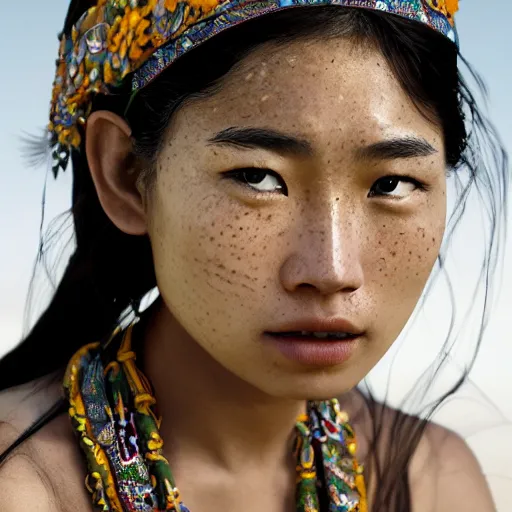 Prompt: portrait of a stunningly beautiful asian tribal female, freckles, olive skin, shining eyes, depth of field, zeiss lens, detailed, symmetrical, centered, fashion photoshoot, by Annie Leibovitz and Steve McCurry, David Lazar, Jimmy Nelsson, Breathtaking, 8k resolution, extremely detailed, beautiful, establishing shot, artistic, hyperrealistic, beautiful face, octane render