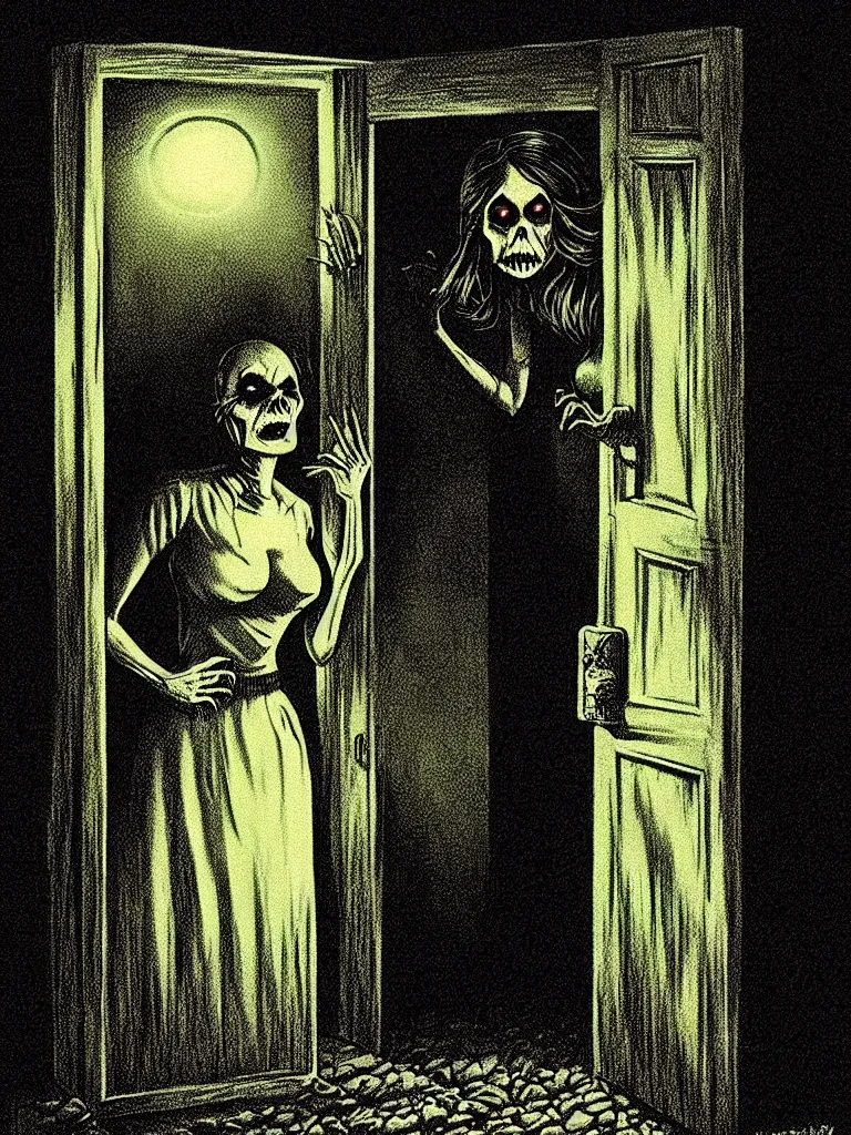 Prompt: Full Color Vintage Horror Illustration of a Woman Scared Looking in Door at Creature at night. Glowing , Spooky lighting , Pinterest